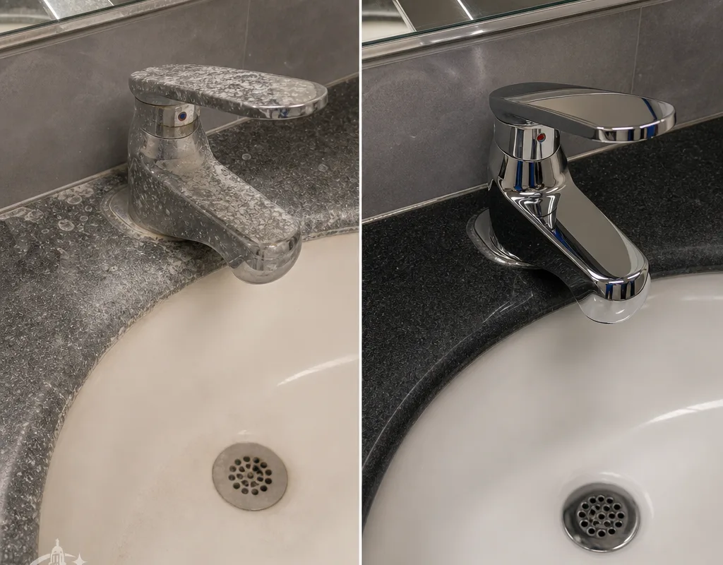 Commercial restroom sink and faucet area before and after deep cleaning