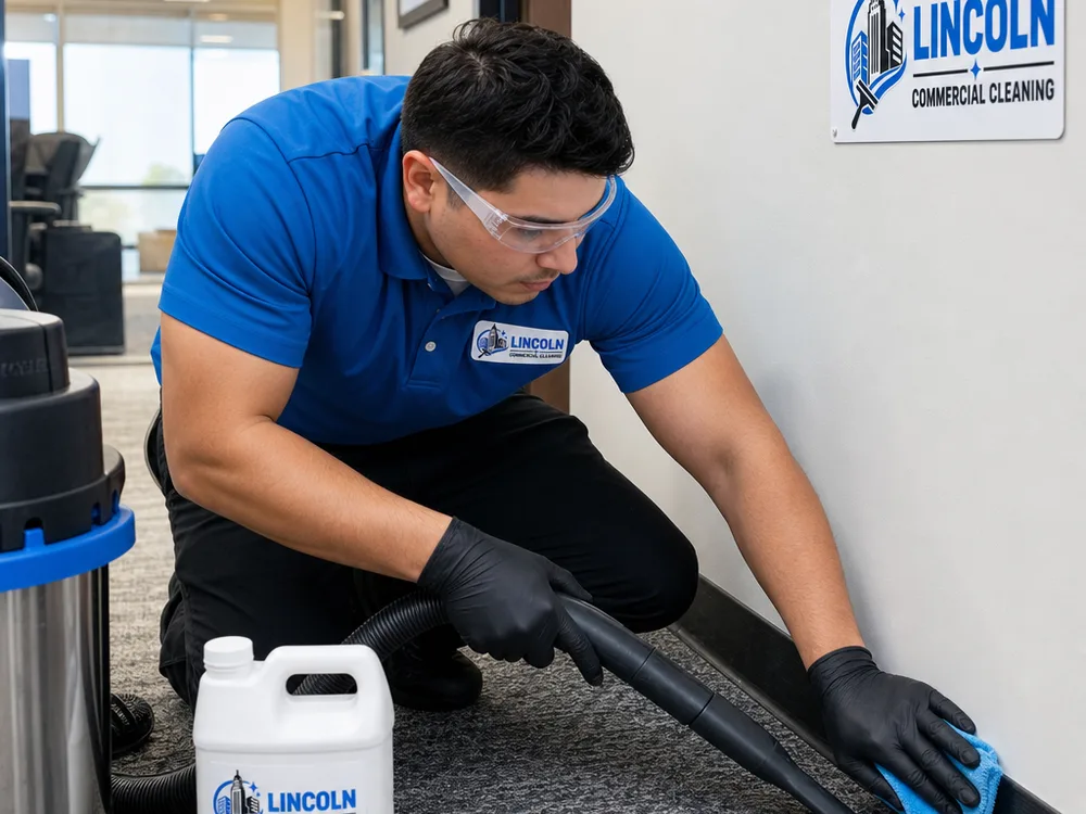 Cleaner performing detailed edge vacuuming and baseboard wipe-down in a commercial office corridor