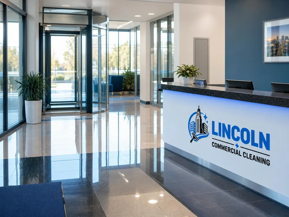 Freshly deep-cleaned reception area with clean interior glass, wiped counters, and refreshed hard floors