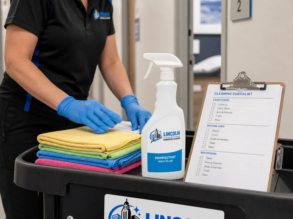 Color-coded microfiber cloths, disinfectant, and a checklist on a medical office cleaning cart in a clinic hallway